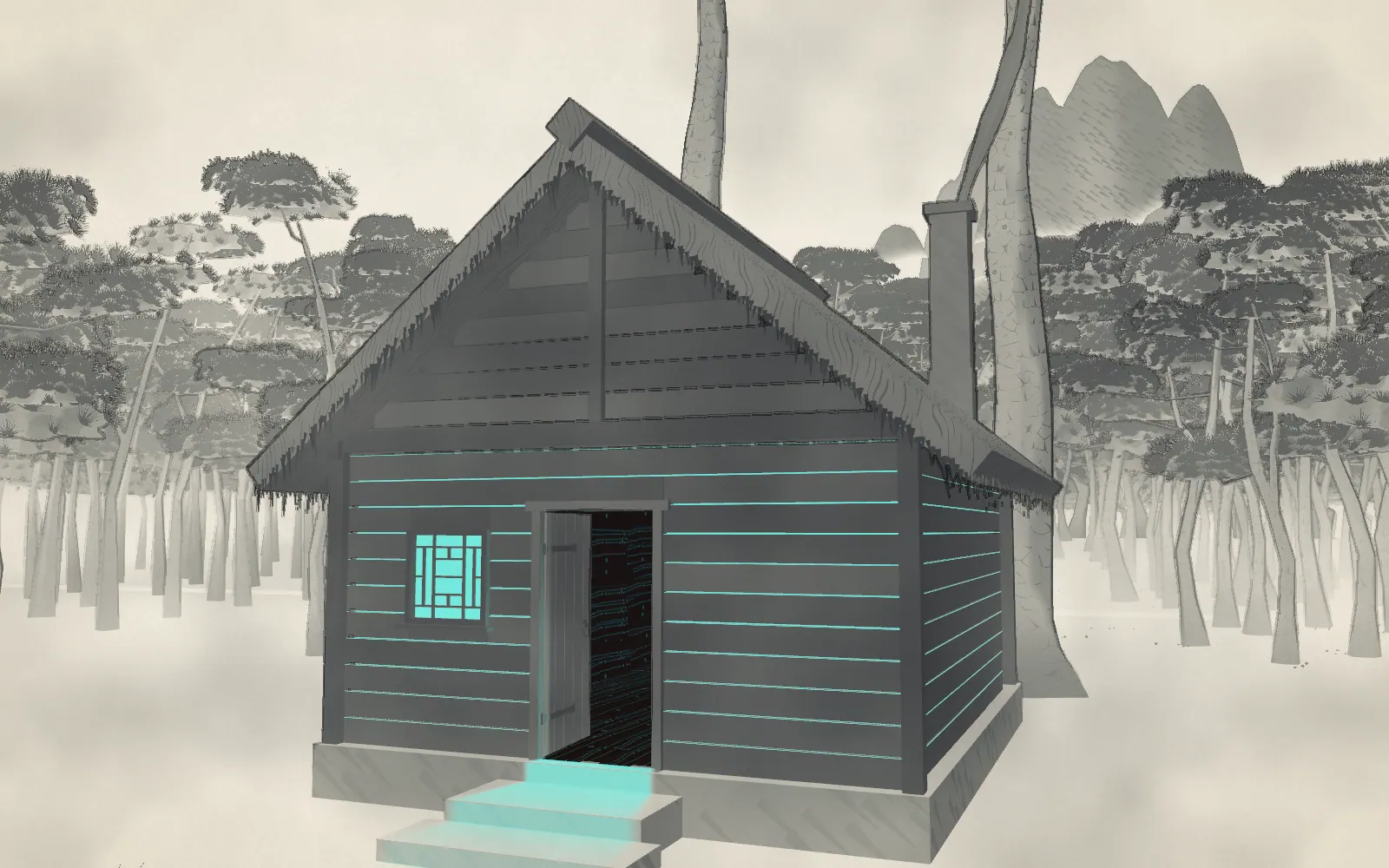 A small dark cabin at the foot of a tall peak, its door open on cyan light and a long hall that cannot fit inside it.