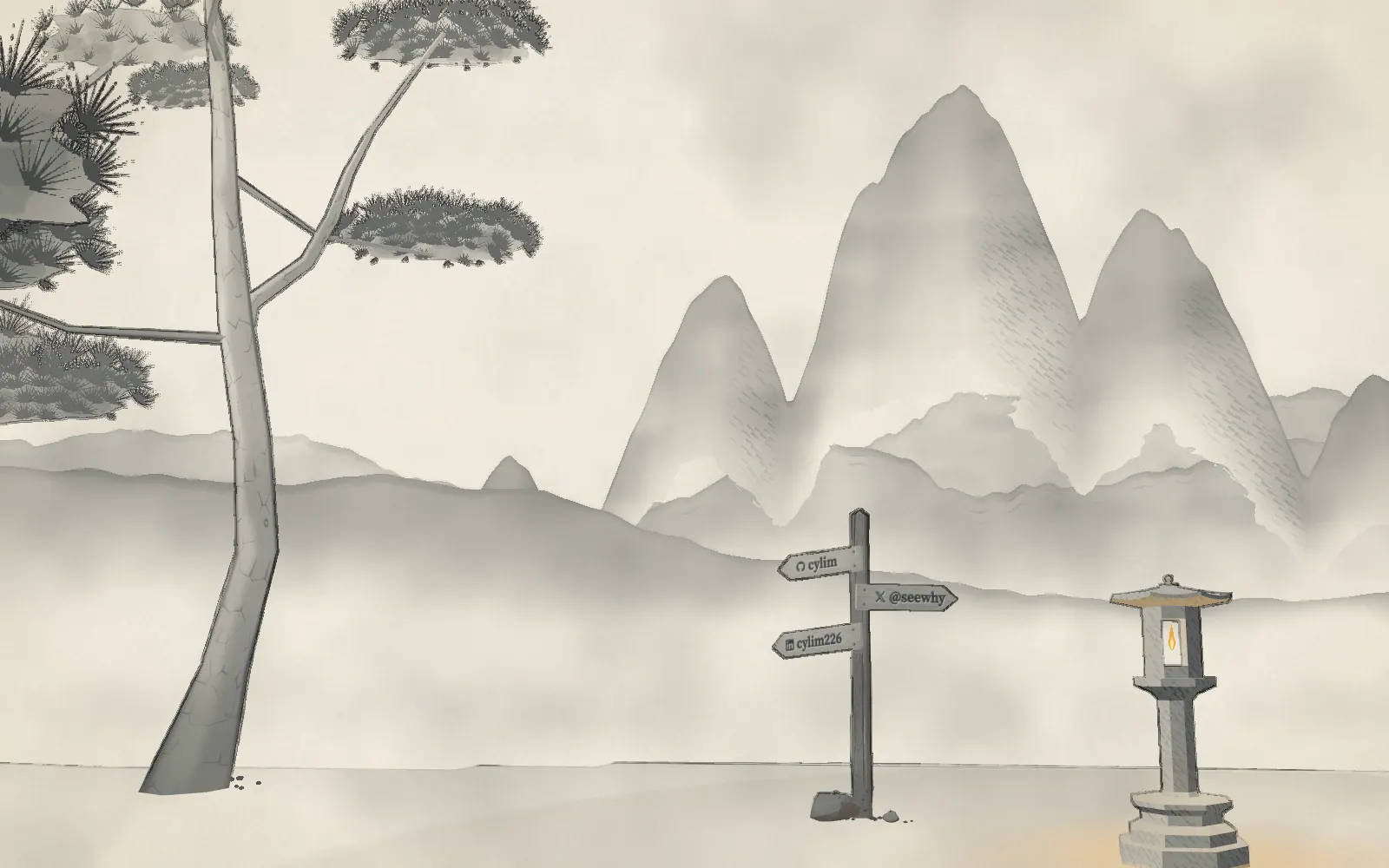 A weathered wooden signpost with three finger boards beside an octagonal stone lantern, seen from low down, with the peak rising out of the mist above.