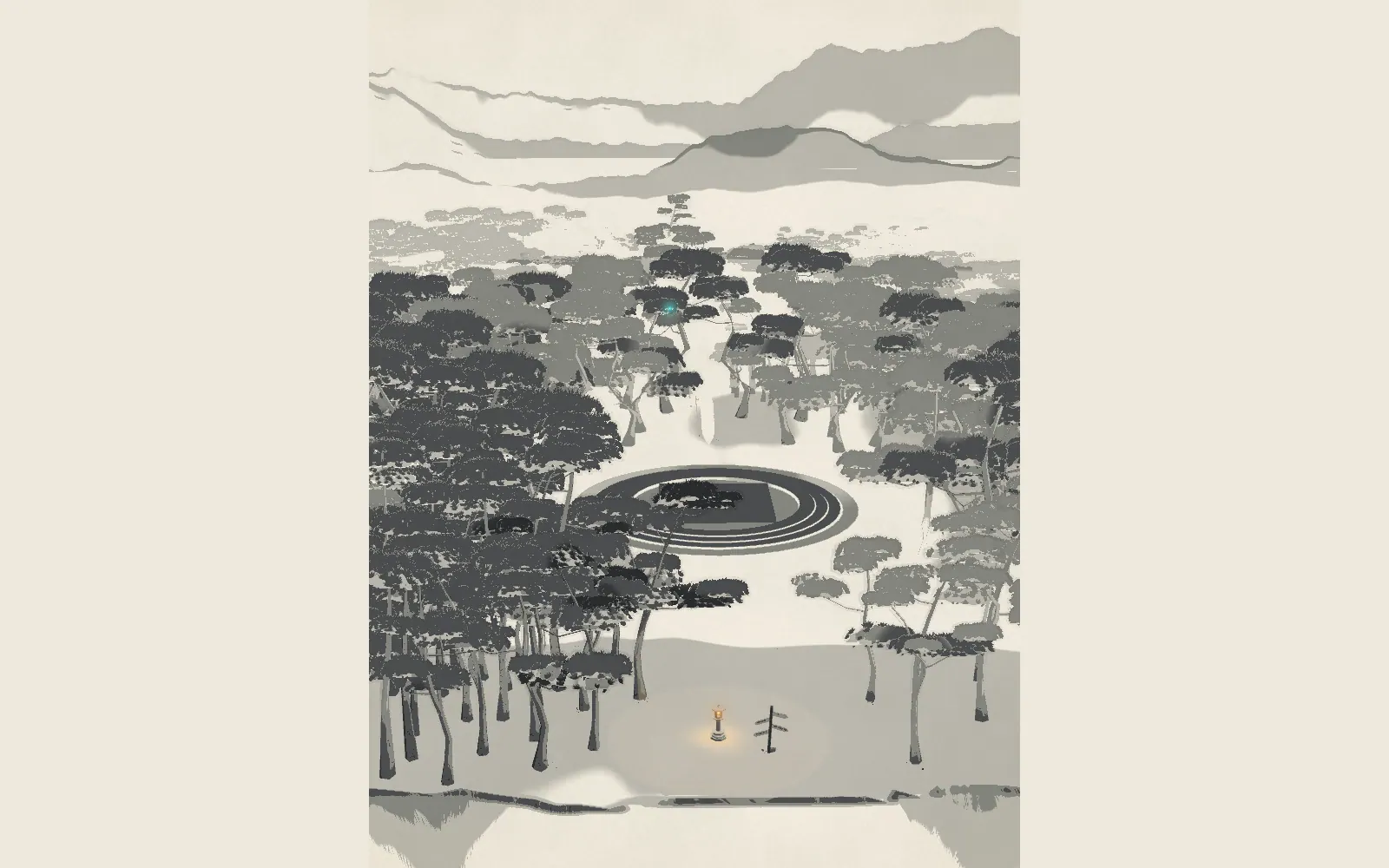 The whole walk seen from above as one hanging scroll: the lantern, the stone rings of the grove, the cabin and the forest edge.