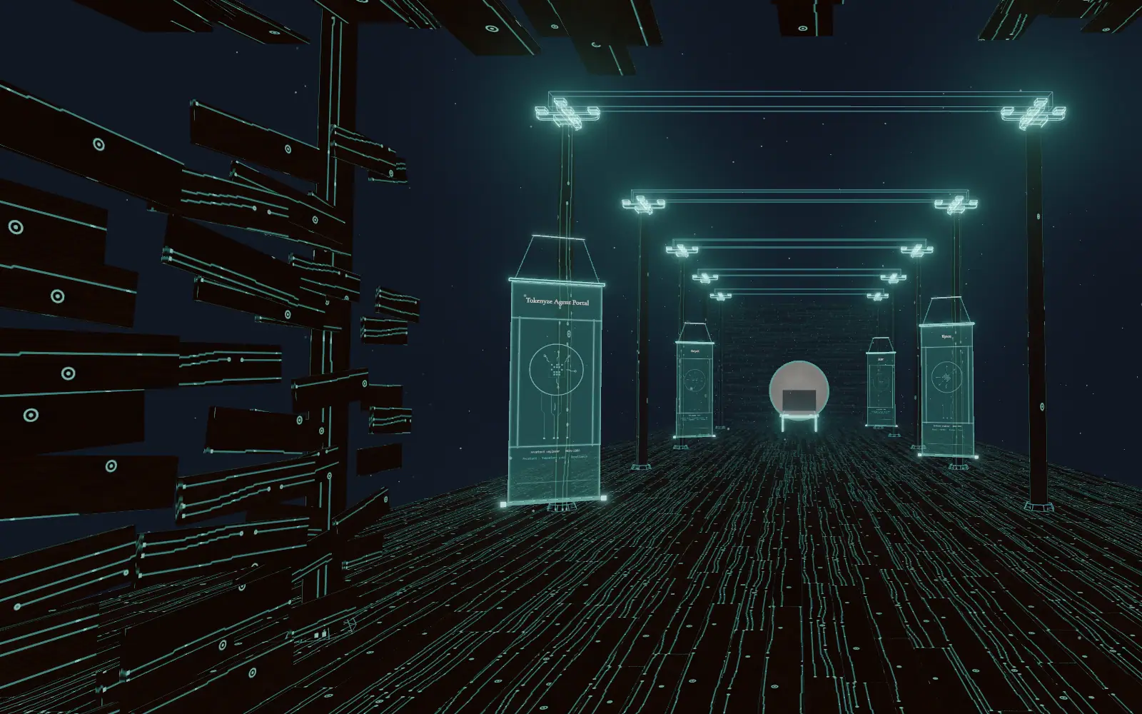 Inside the cabin, a timber frame drawn in cyan light recedes into the dark, with glowing brackets on every post.