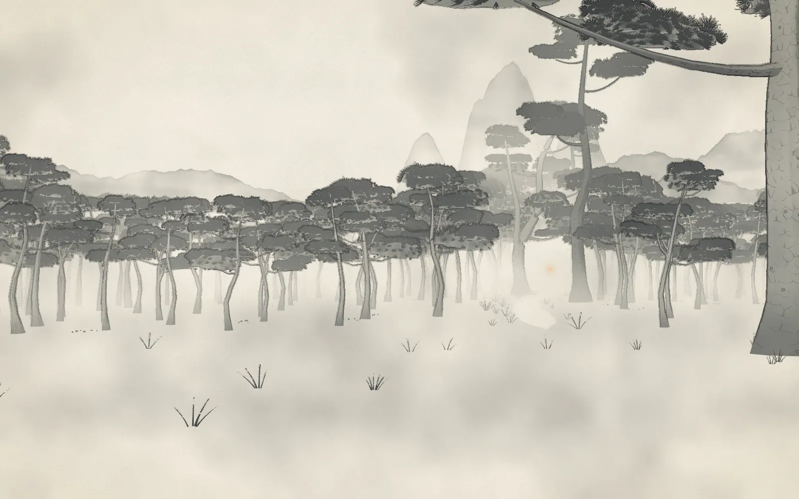An open paper meadow at the edge of an ink-wash pine forest, with one warm lantern light far off in the mist.